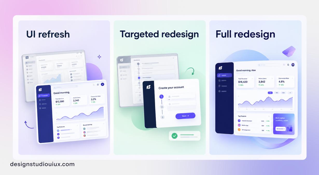 SaaS product redesign explained through examples of UI refresh, targeted redesign and full dashboard redesign.