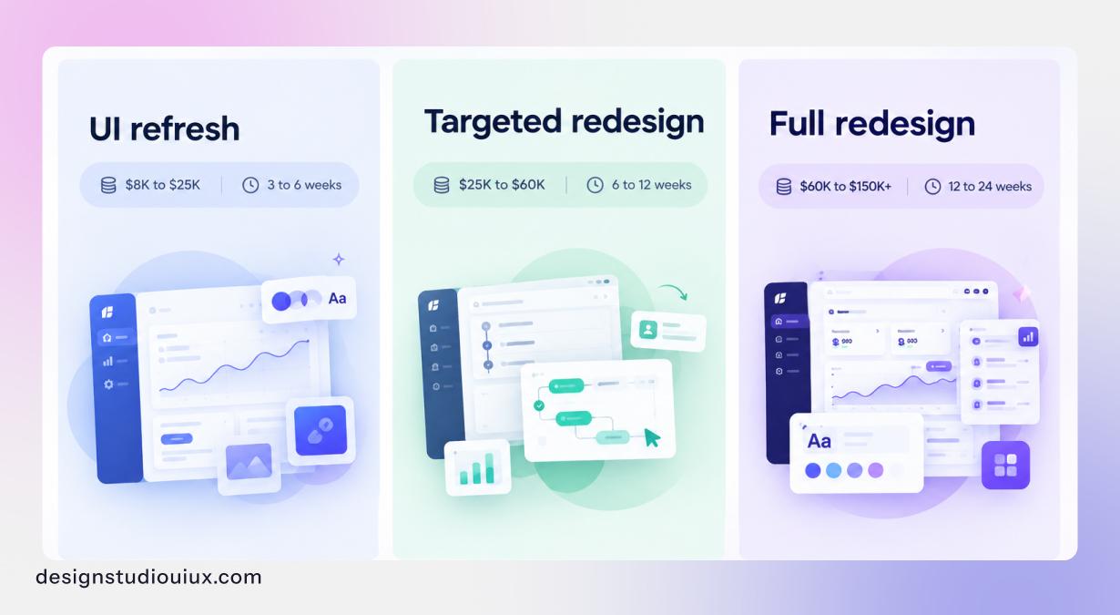 SaaS product redesign cost comparison showing UI refresh, targeted redesign and full redesign with estimated budgets and timelines.